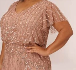 Adrianna Papell Plus Size Fleur Beaded Blouson Gown With Sheer Short Sleeves In Rose Gold 10 Adrianna Papell Plus Size Fleur Beaded Blouson Gown With Sheer Short Sleeves In Rose Gold -Adrianna Papell Shop AP1E209812 AA958 Plus Detail
