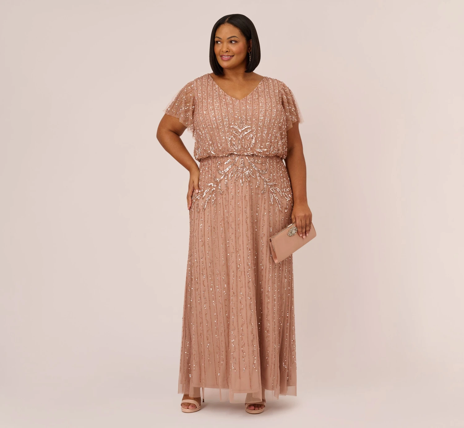 Adrianna Papell Plus Size Fleur Beaded Blouson Gown With Sheer Short Sleeves In Rose Gold 4 Adrianna Papell Plus Size Fleur Beaded Blouson Gown With Sheer Short Sleeves In Rose Gold - Image 2