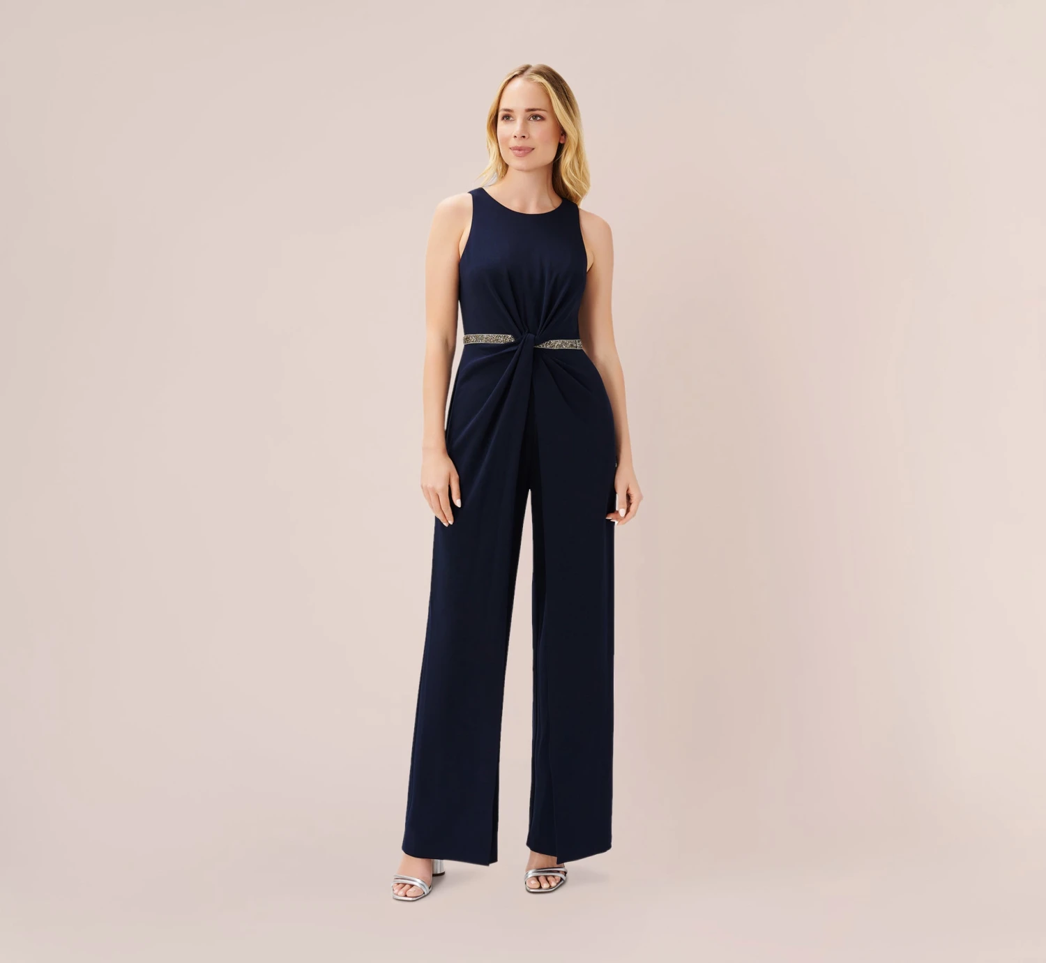 Adrianna Papell Crystal-Trimmed Crepe Jumpsuit In Midnight 3 Adrianna Papell Crystal-Trimmed Crepe Jumpsuit In Midnight