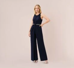 Adrianna Papell Crystal-Trimmed Crepe Jumpsuit In Midnight 9 Adrianna Papell Crystal-Trimmed Crepe Jumpsuit In Midnight -Adrianna Papell Shop AP1E209830 AB411 Regular Side