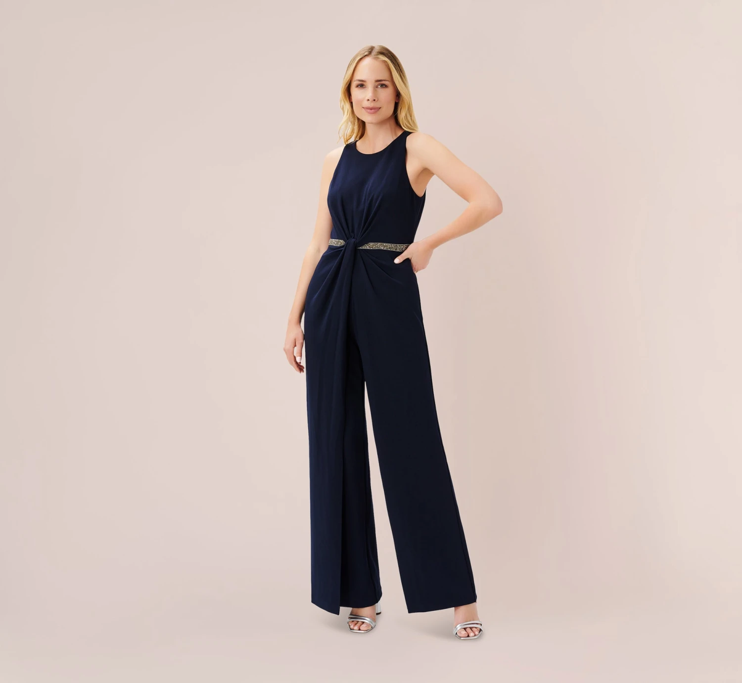 Adrianna Papell Crystal-Trimmed Crepe Jumpsuit In Midnight 5 Adrianna Papell Crystal-Trimmed Crepe Jumpsuit In Midnight - Image 3