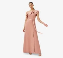 Adrianna Papell Satin Crepe One-Shoulder Ruffled Long Gown In Toffee