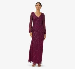 Adrianna Papell Hand-Beaded Illusion Long Gown In Bordeaux