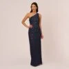 Adrianna Papell 3D Floral Hand-Beaded One-Shoulder Long Column Gown In Dusty Navy 1 Adrianna Papell 3D Floral Hand-Beaded One-Shoulder Long Column Gown In Dusty Navy -Adrianna Papell Shop AP1E209866 AK469 Regular Default