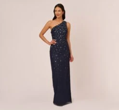 Adrianna Papell 3D Floral Hand-Beaded One-Shoulder Long Column Gown In Dusty Navy