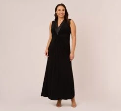 Adrianna Papell Plus Size Matte Jersey Twist Front Tuxedo Long Gown In Black