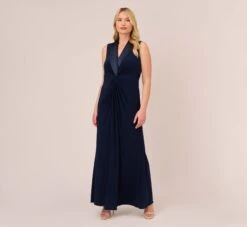Adrianna Papell Plus Size Matte Jersey Twist Front Tuxedo Long Gown In Midnight