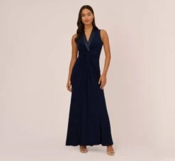 Adrianna Papell Matte Jersey Twist Front Tuxedo Long Gown In Midnight