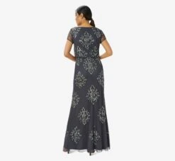 Adrianna Papell Hand-Beaded Long Blouson Gown In Gunmetal -Adrianna Papell Shop AP1E209937 AB015 Regular Back