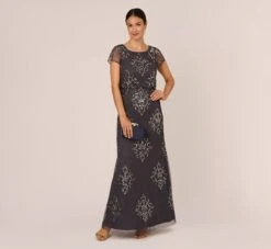 Adrianna Papell Hand-Beaded Long Blouson Gown In Gunmetal -Adrianna Papell Shop AP1E209937 AB015 Regular Side