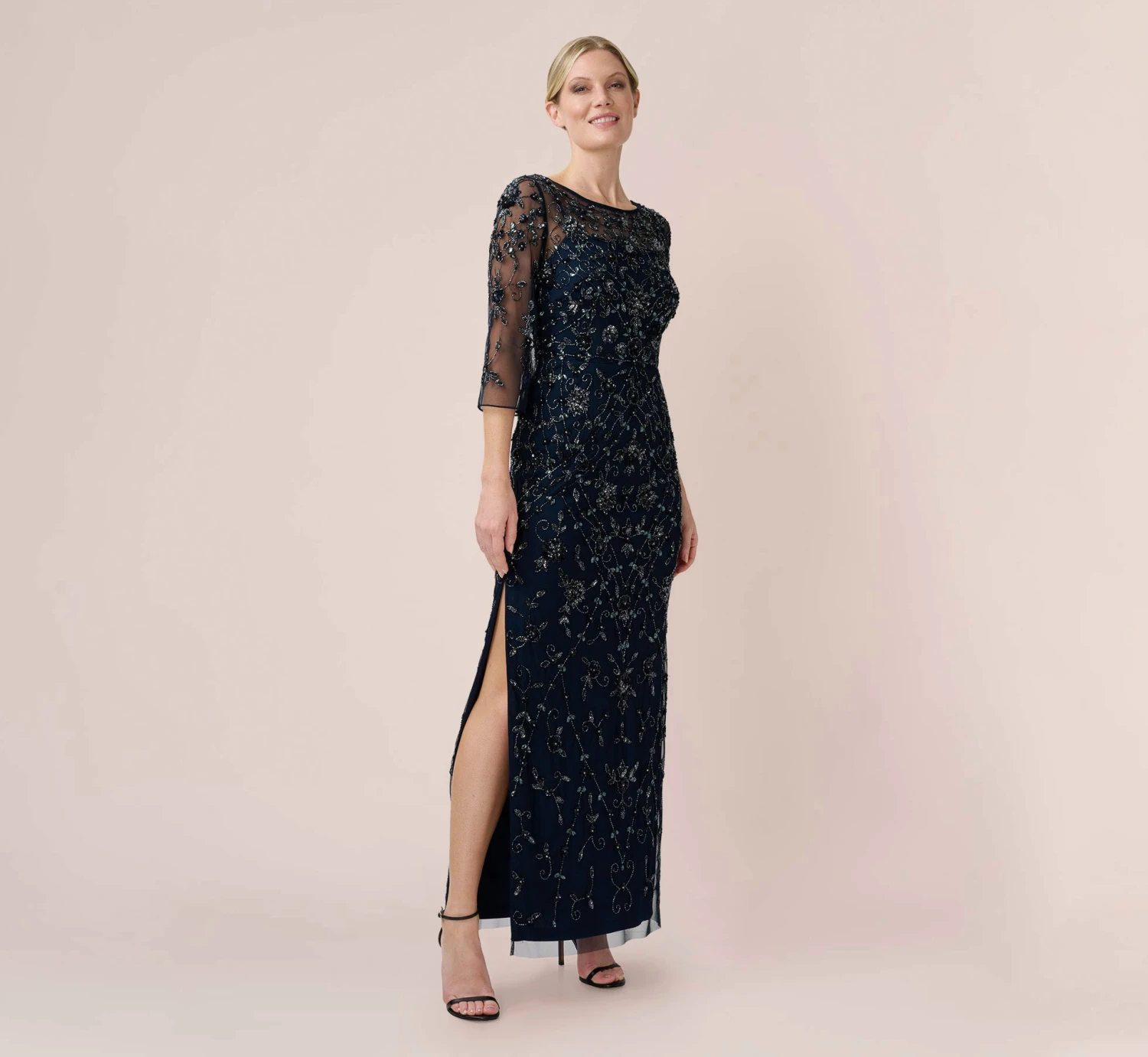 Adrianna Papell Hand-Beaded Illusion Long Column Gown In Midnight 3 Adrianna Papell Hand-Beaded Illusion Long Column Gown In Midnight