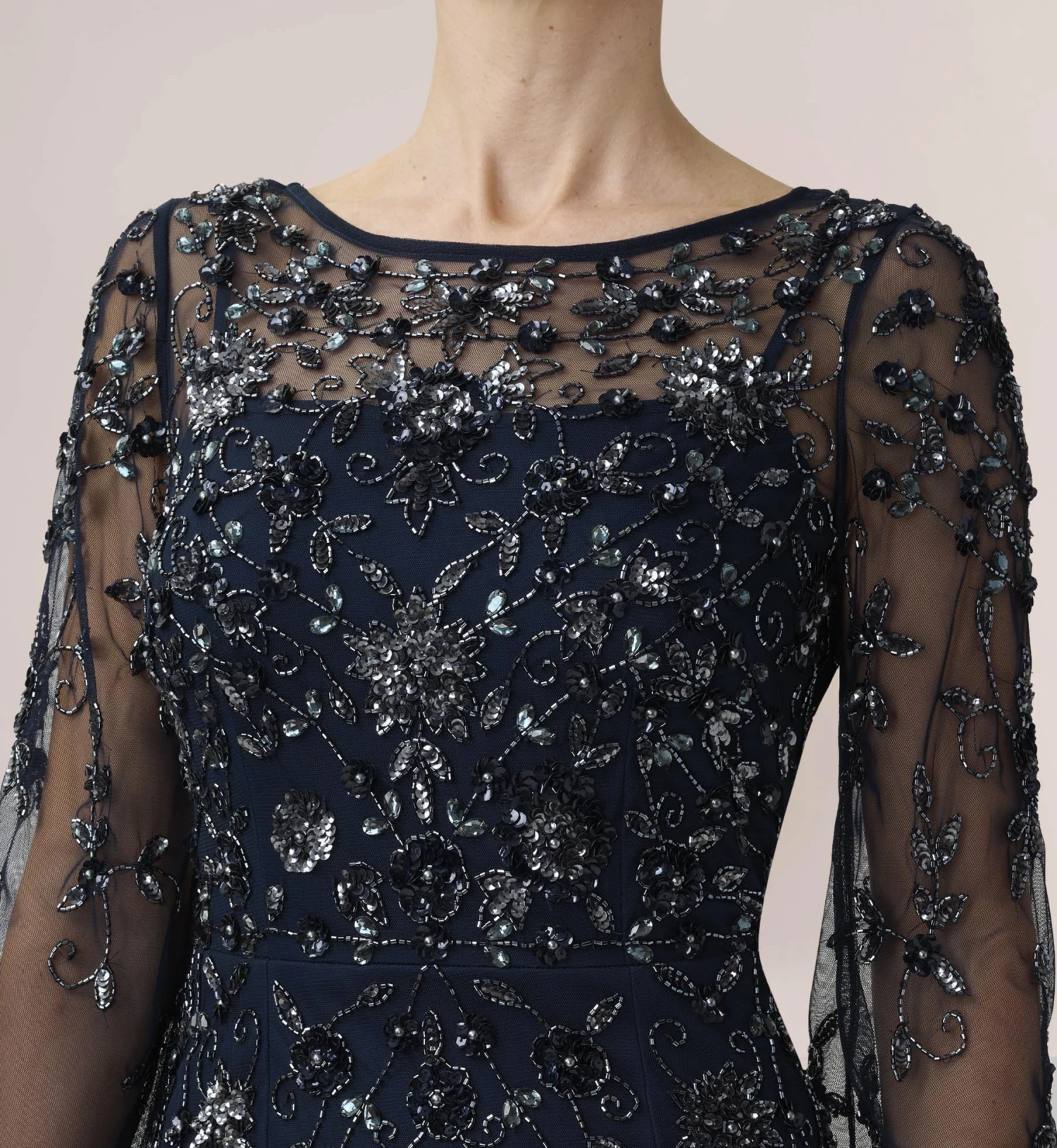 Adrianna Papell Hand-Beaded Illusion Long Column Gown In Midnight 5 Adrianna Papell Hand-Beaded Illusion Long Column Gown In Midnight - Image 3