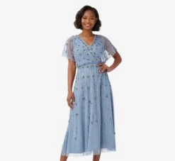 Adrianna Papell Floral Hand-Beaded Ankle-Length Blouson Dress In Vintage Blue