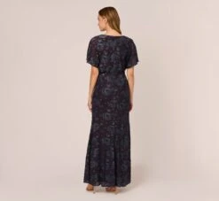 Adrianna Papell Floral Burnout Velvet Long Blouson Gown In Midnight 12 Adrianna Papell Floral Burnout Velvet Long Blouson Gown In Midnight -Adrianna Papell Shop AP1E209986 AB411 Regular Back