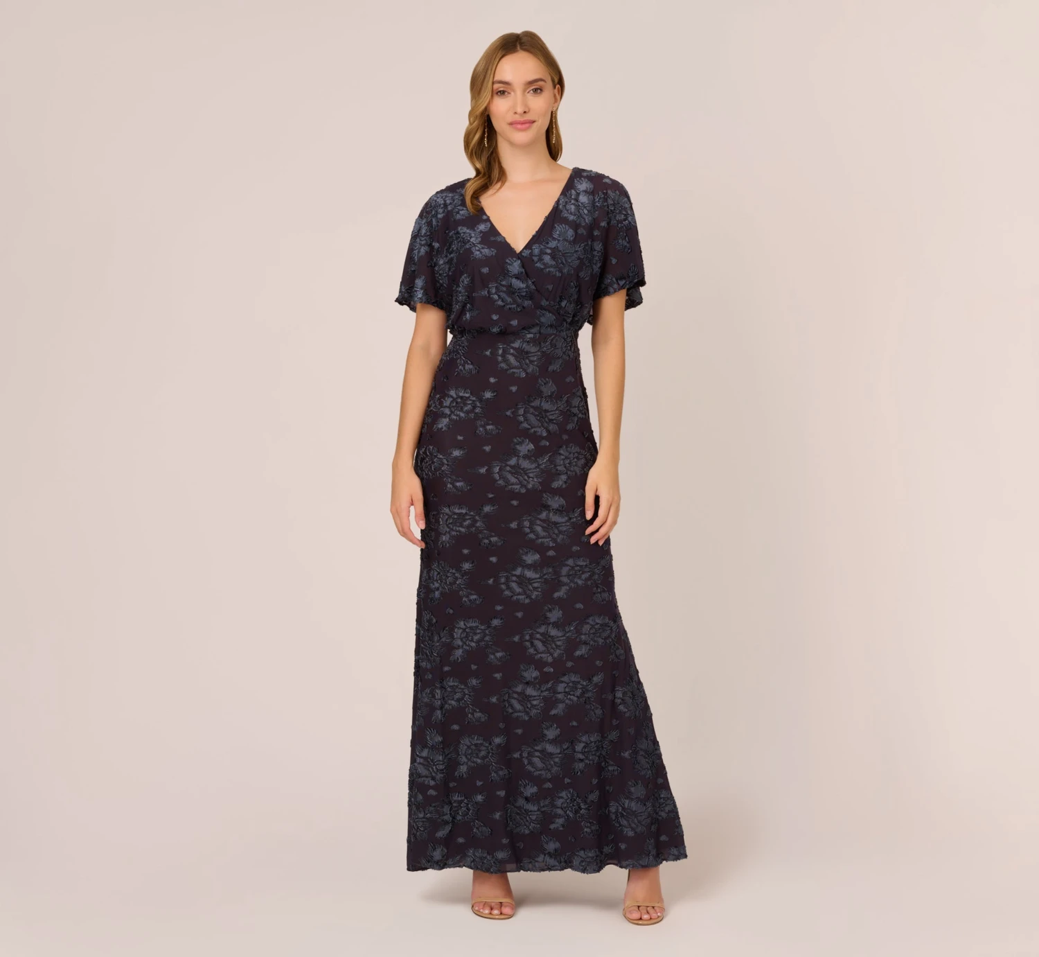 Adrianna Papell Floral Burnout Velvet Long Blouson Gown In Midnight 3 Adrianna Papell Floral Burnout Velvet Long Blouson Gown In Midnight