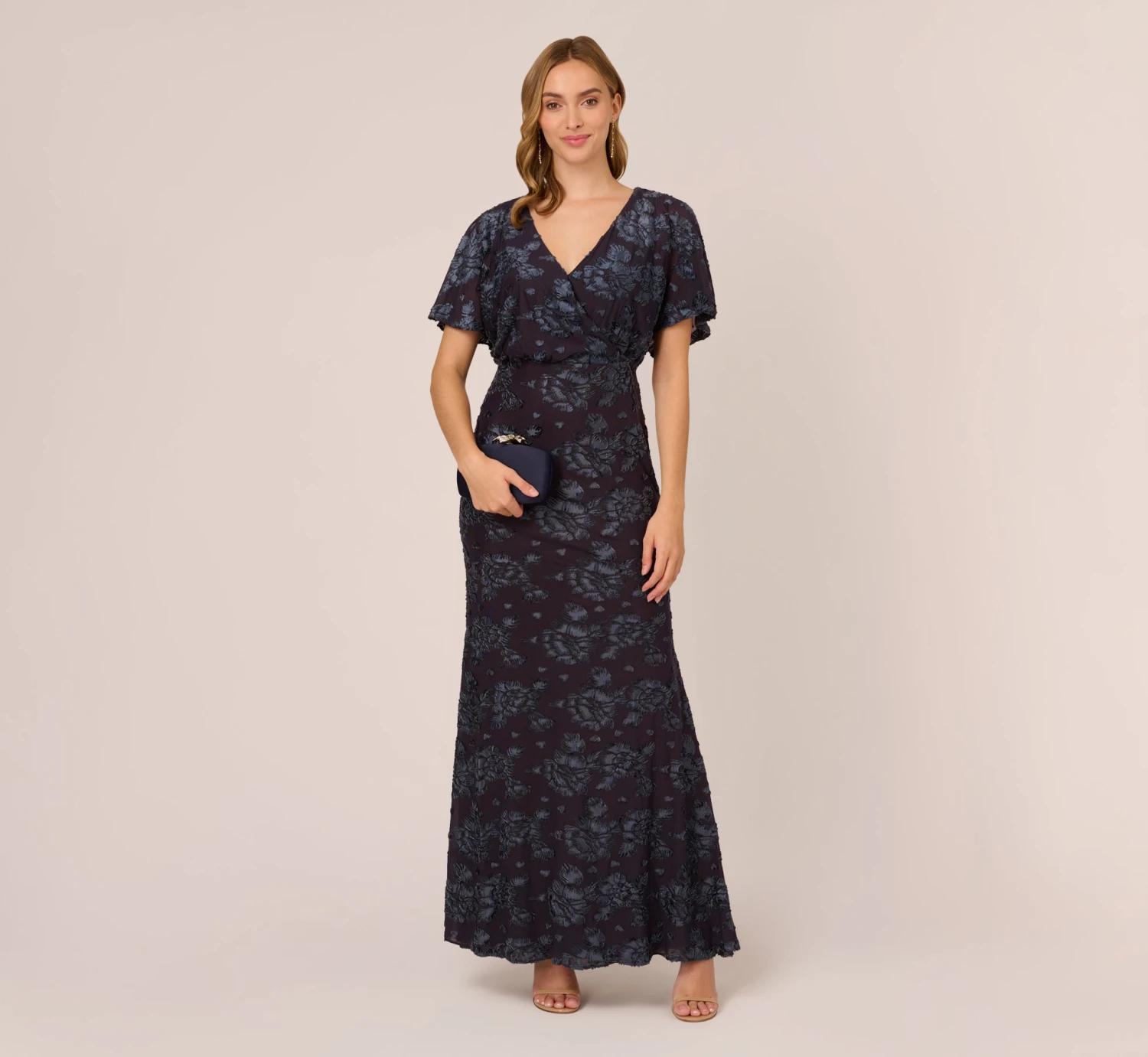 Adrianna Papell Floral Burnout Velvet Long Blouson Gown In Midnight 4 Adrianna Papell Floral Burnout Velvet Long Blouson Gown In Midnight - Image 2