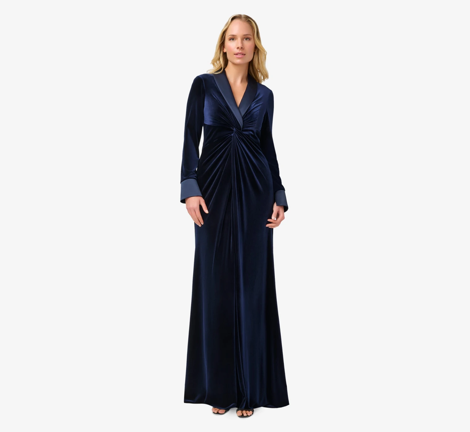 Adrianna Papell Velvet And Charmeuse Twist Front Long Tuxedo Gown In Midnight 3 Adrianna Papell Velvet And Charmeuse Twist Front Long Tuxedo Gown In Midnight