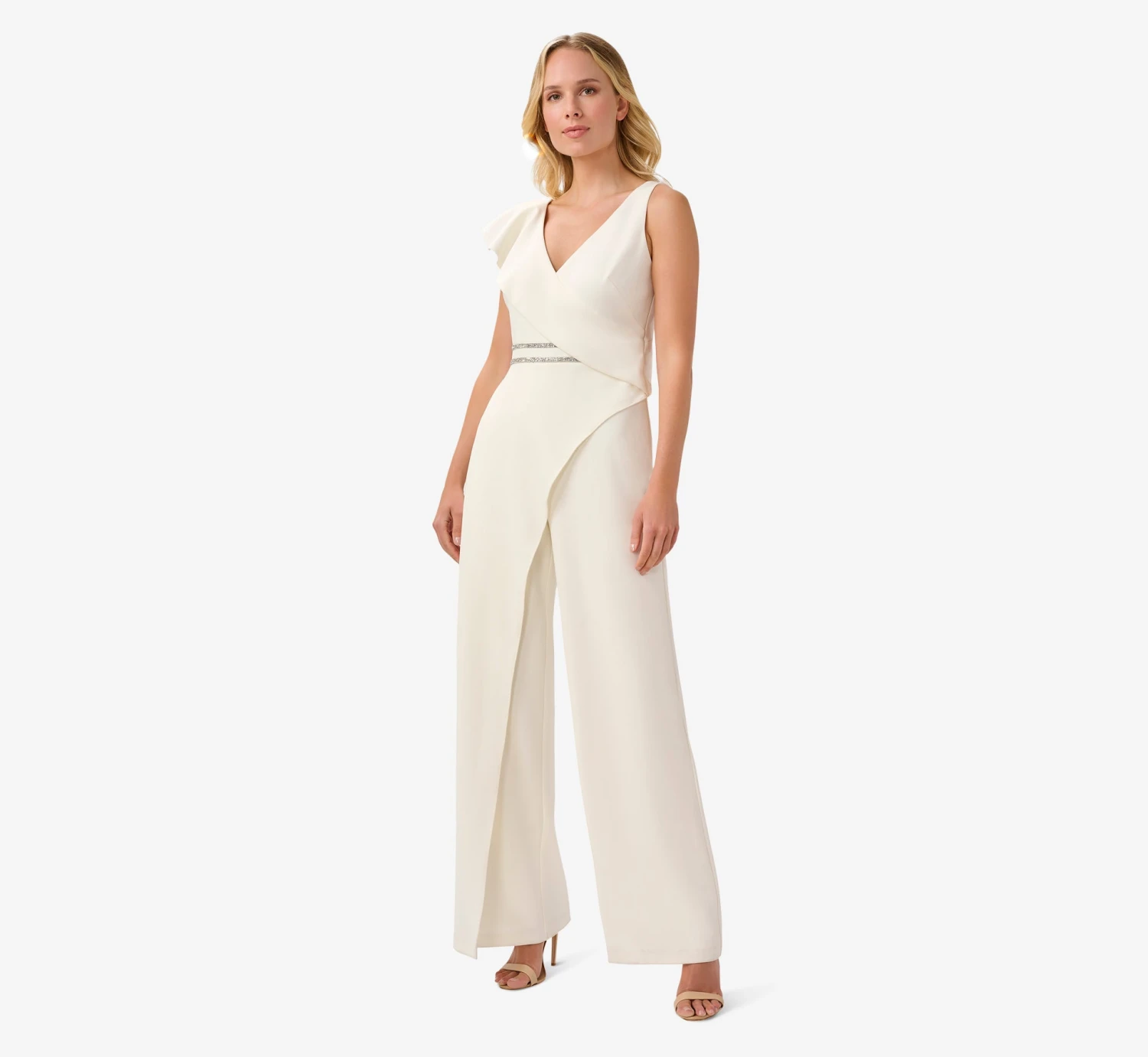 Adrianna Papell Ruffled Crepe Jumpsuit With Crystal Trim In Ivory 3 Adrianna Papell Ruffled Crepe Jumpsuit With Crystal Trim In Ivory