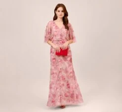 Adrianna Papell Floral-Print And Hand-Beaded Mesh Long Gown In Blush Multi -Adrianna Papell Shop AP1E210055 AM970 Regular Lifestyle