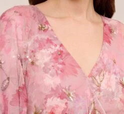 Adrianna Papell Floral-Print And Hand-Beaded Mesh Long Gown In Blush Multi -Adrianna Papell Shop AP1E210055 AM970 Regular Side