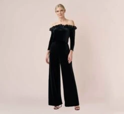 Adrianna Papell Off-The-Shoulder Velvet Blouson Jumpsuit With Satin Rosettes In Black