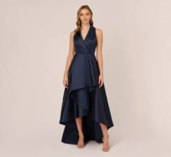 Adrianna Papell Mikado High/Low Midi-Length Tuxedo Gown In Midnight