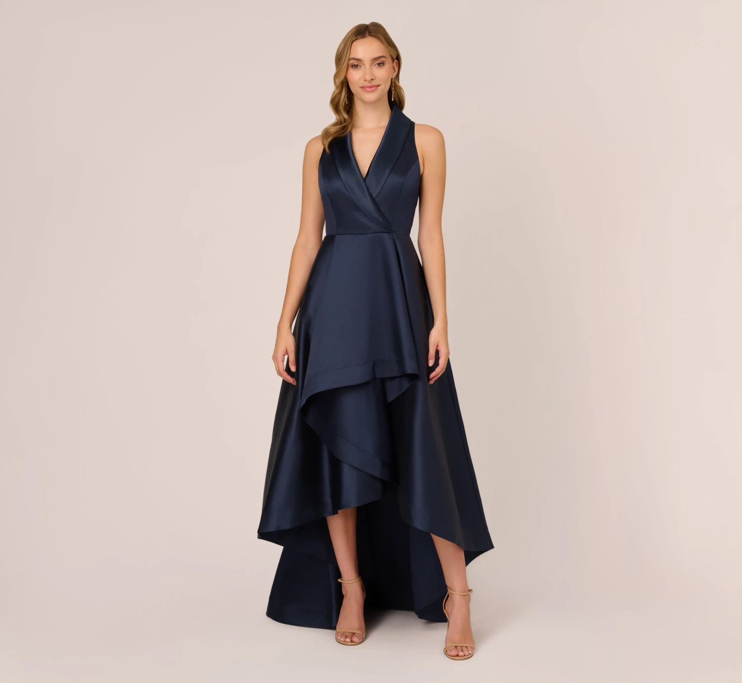 Adrianna Papell Mikado High/Low Midi-Length Tuxedo Gown In Midnight 2 Adrianna Papell Mikado High/Low Midi-Length Tuxedo Gown In Midnight