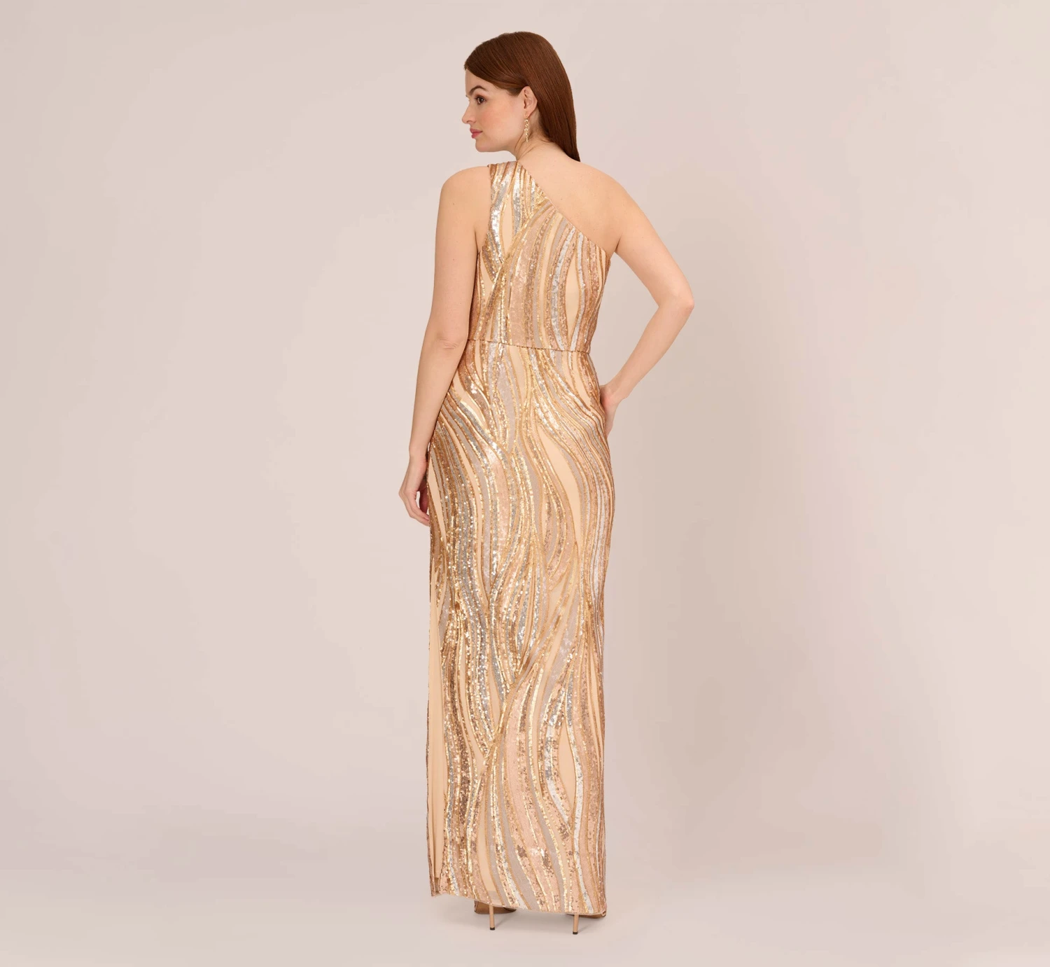 Adrianna Papell One Shoulder Abstract Sequin Gown In Champagne Gold Multi 8 Adrianna Papell One Shoulder Abstract Sequin Gown In Champagne Gold Multi - Image 6