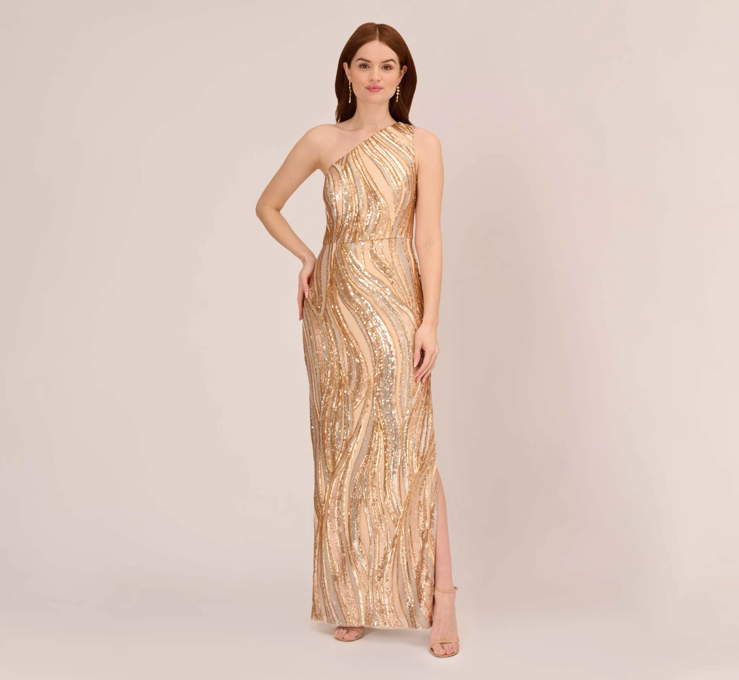 Adrianna Papell One Shoulder Abstract Sequin Gown In Champagne Gold Multi 4 Adrianna Papell One Shoulder Abstract Sequin Gown In Champagne Gold Multi - Image 2