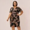 Adrianna Papell Plus Size Metallic Foil Crinkled Mesh Midi-Length Wrap Dress In Rose Gold Black -Adrianna Papell Shop AP1E210096 AA695 Plus Default