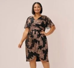 Adrianna Papell Plus Size Metallic Foil Crinkled Mesh Midi-Length Wrap Dress In Rose Gold Black