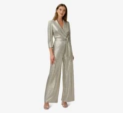 Adrianna Papell Foiled Stretch Jersey Tuxedo Jumpsuit In Light Gold