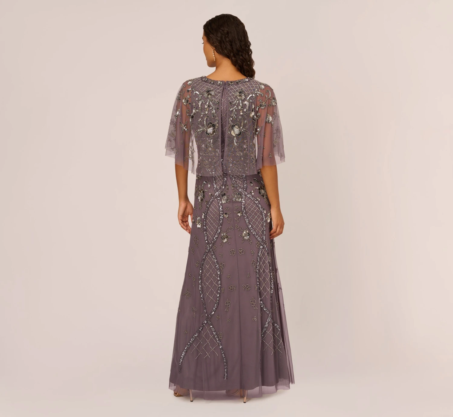 Adrianna Papell Sequin Beaded Gown With Sheer Cape Sleeves In Moonscape 6 Adrianna Papell Sequin Beaded Gown With Sheer Cape Sleeves In Moonscape - Image 4
