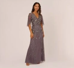 Adrianna Papell Sequin Beaded Gown With Sheer Cape Sleeves In Moonscape
