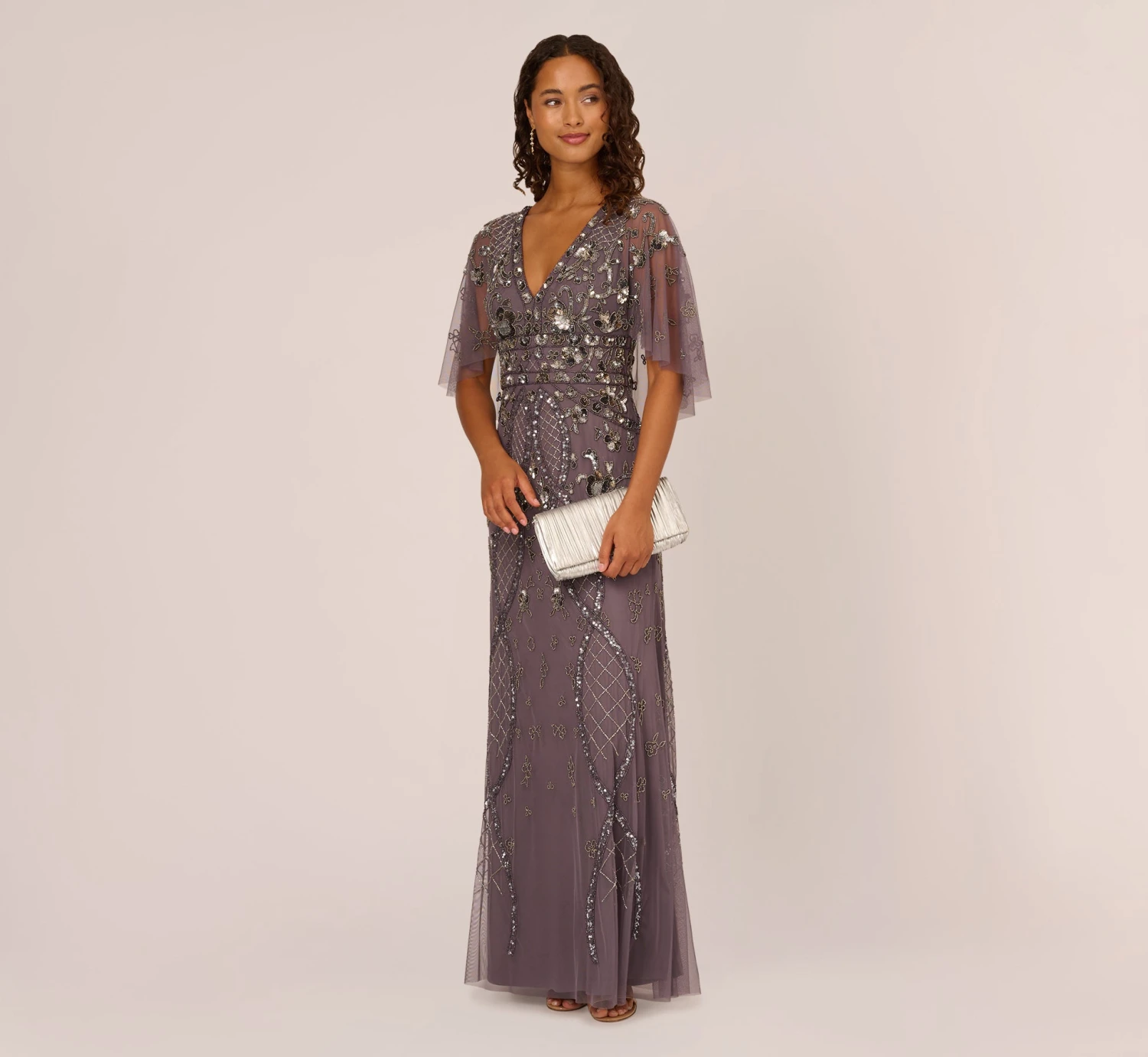 Adrianna Papell Sequin Beaded Gown With Sheer Cape Sleeves In Moonscape 4 Adrianna Papell Sequin Beaded Gown With Sheer Cape Sleeves In Moonscape - Image 2