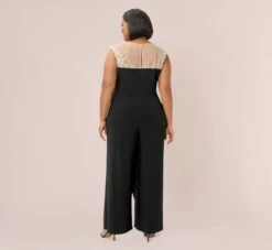 Adrianna Papell Plus Size Pearl Embellished Jersey Jumpsuit In Black -Adrianna Papell Shop AP1E210144 AA002 Plus Back