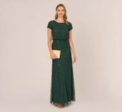 Adrianna Papell Hand-Beaded Blouson Long Gown In Dusty Emerald