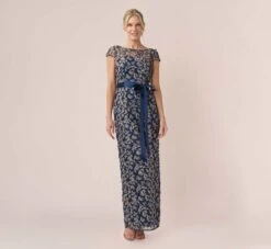 Adrianna Papell 3D Metallic Floral Embroidered Mesh Column Gown In Navy Rosegold