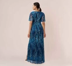 Adrianna Papell Floral-Print Metallic Crinkled Mesh Faux Wrap Long Gown In Navy Multi -Adrianna Papell Shop AP1E210171 AD411 Regular Back