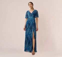 Adrianna Papell Floral-Print Metallic Crinkled Mesh Faux Wrap Long Gown In Navy Multi