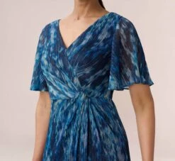 Adrianna Papell Floral-Print Metallic Crinkled Mesh Faux Wrap Long Gown In Navy Multi -Adrianna Papell Shop AP1E210171 AD411 Regular Detail