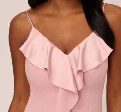 Adrianna Papell Satin Crepe Ruffle Front Long Gown In Steel Rose -Adrianna Papell Shop AP1E210210 BA696 Regular Detail