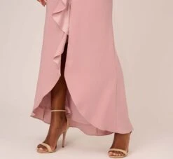 Adrianna Papell Satin Crepe Ruffle Front Long Gown In Steel Rose -Adrianna Papell Shop AP1E210210 BA696 Regular Lifestyle