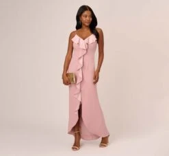 Adrianna Papell Satin Crepe Ruffle Front Long Gown In Steel Rose