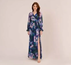 Adrianna Papell Floral-Print Long Shirred Chiffon Gown In Navy Multi
