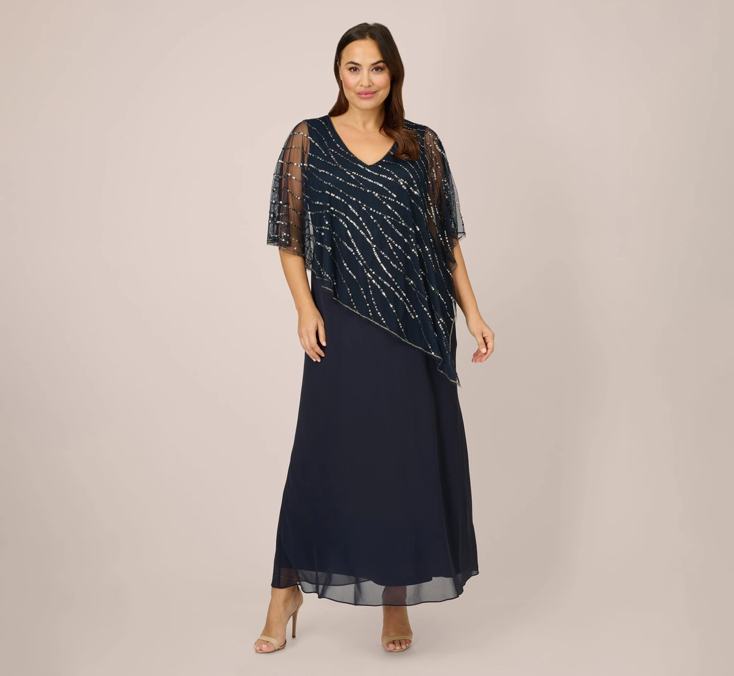 Adrianna Papell Plus Size Hand-Beaded Popover Long Dress In Midnight 3 Adrianna Papell Plus Size Hand-Beaded Popover Long Dress In Midnight