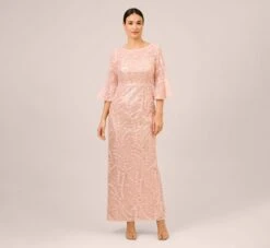 Adrianna Papell Hand-Sequined And Embroidered Illusion Long Column Gown In Blush Pearl