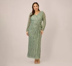 Adrianna Papell Plus Size Metallic Crinkled Mesh Draped Long Gown In Green Slate