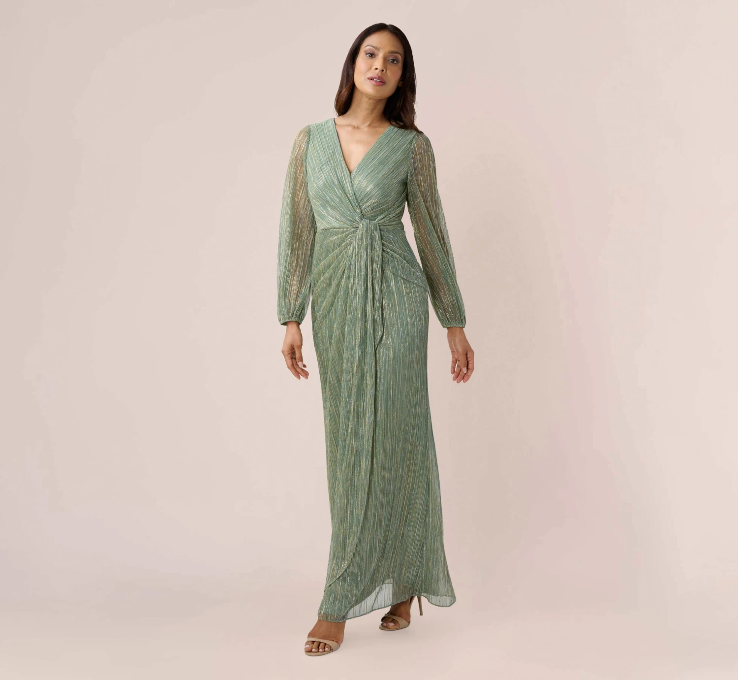 Adrianna Papell Metallic Crinkled Mesh Draped Long Gown In Green Slate 4 Adrianna Papell Metallic Crinkled Mesh Draped Long Gown In Green Slate - Image 2