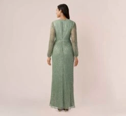 Adrianna Papell Metallic Crinkled Mesh Draped Long Gown In Green Slate 10 Adrianna Papell Metallic Crinkled Mesh Draped Long Gown In Green Slate -Adrianna Papell Shop AP1E210265 AA355 Regular Back